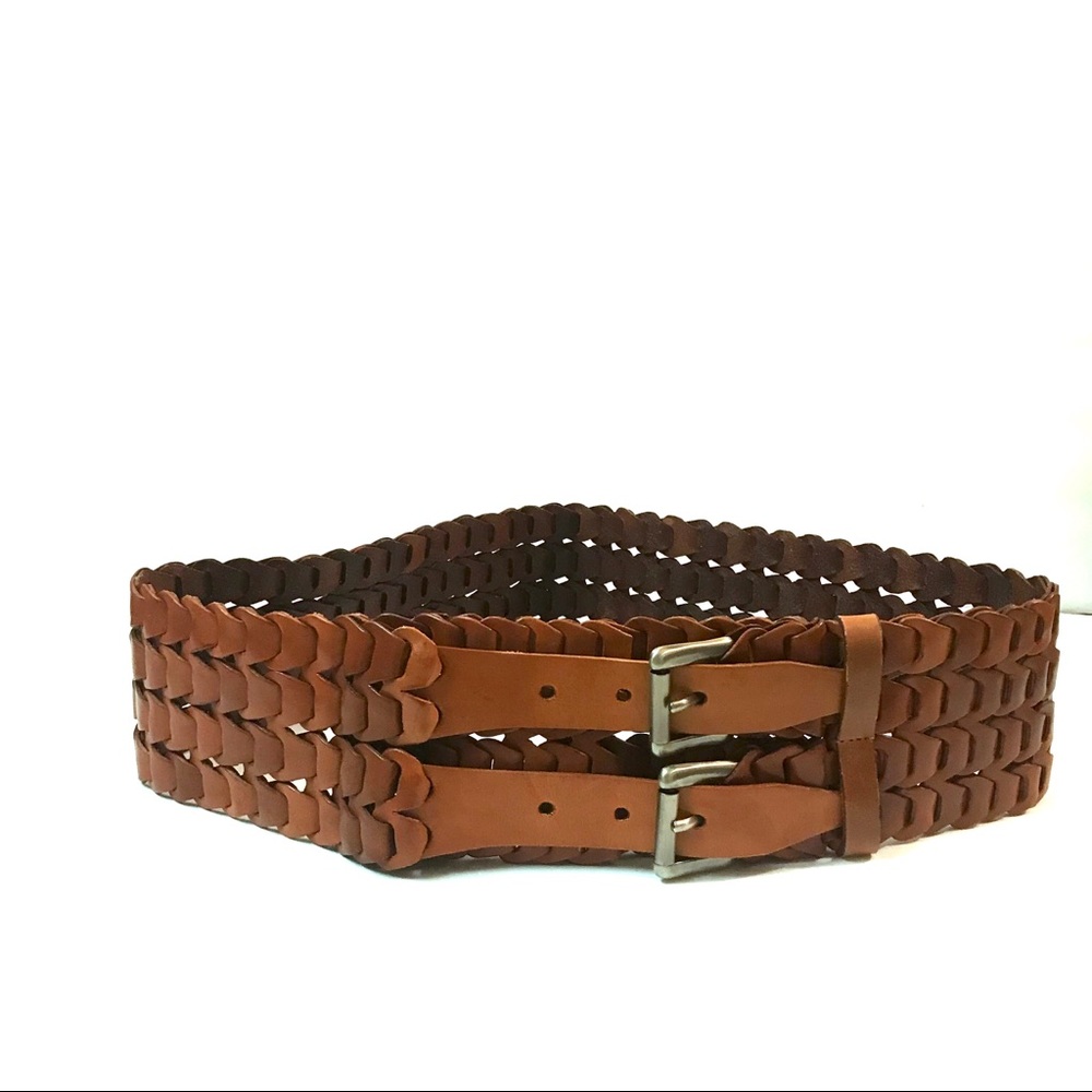 Brown Leather Double Buckle High Waist Belt